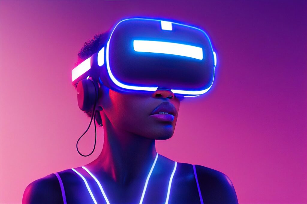 xr, mr, mixed reality, virtual reality, augmented reality, metaverse, african american, female, woman, lady, girl, black, america, pink, purple, blue, neon, lighting
